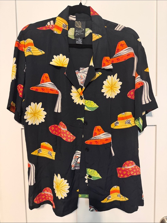 dana b and karen Tops - Black Short-Sleeve Button-Down Shirt with Yellow Floral & Multicolor Hat Print